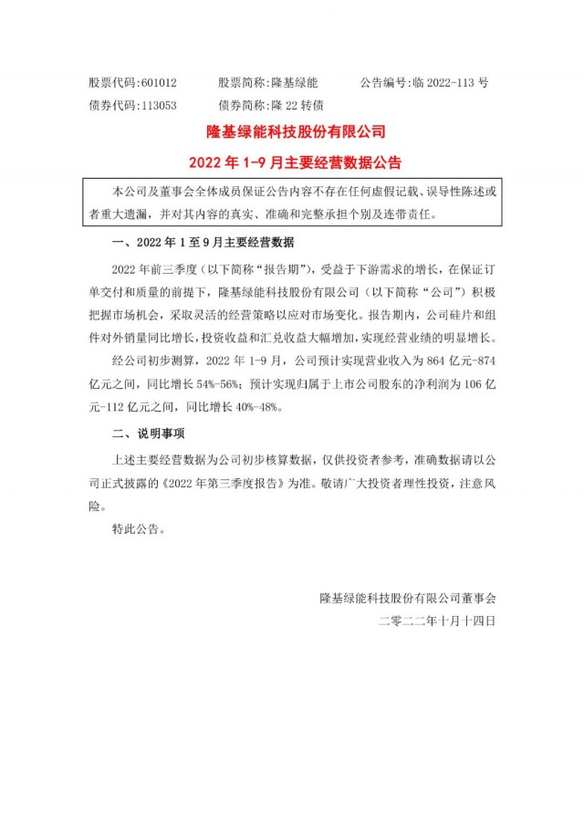 隆基綠能：營收或超864億，預計前三季凈利或在106億元-112億元之間