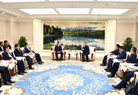 中國電建黨委書記、董事長丁焰章與新疆維吾爾自治區(qū)政府主席艾爾肯·吐尼亞孜會談